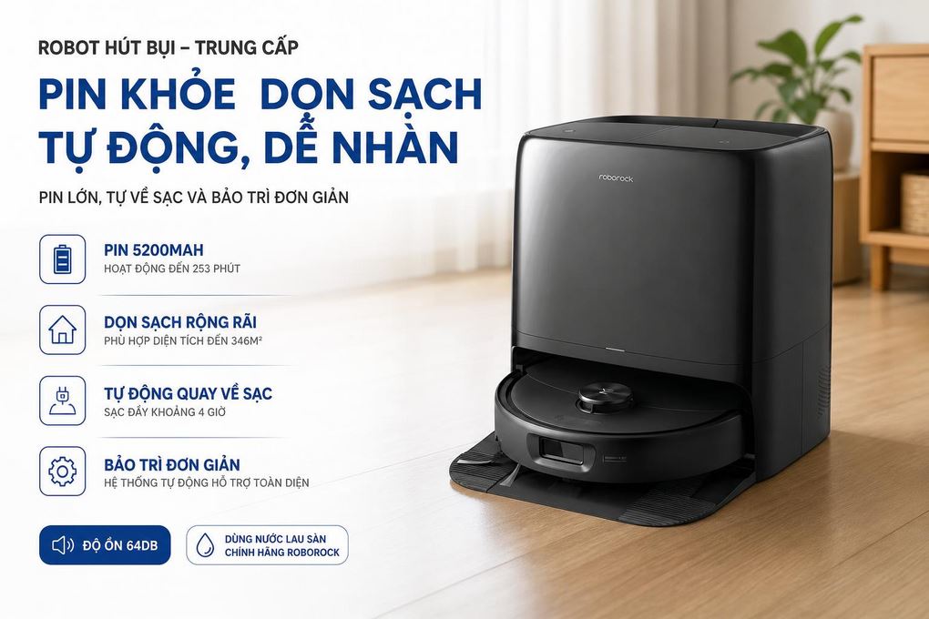 Robot hút bụi lau nhà Roborock Qrevo 2 Pro - Đen - Pin dung lượng lớn, tự động quay về đế sạc và bảo trì đơn giản