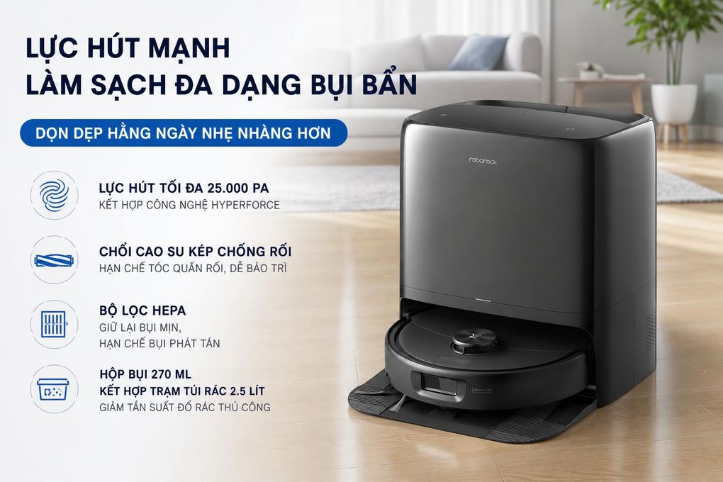 Robot hút bụi lau nhà Roborock Qrevo 2 Pro - Đen - Lực hút mạnh và làm sạch đa dạng bụi bẩn