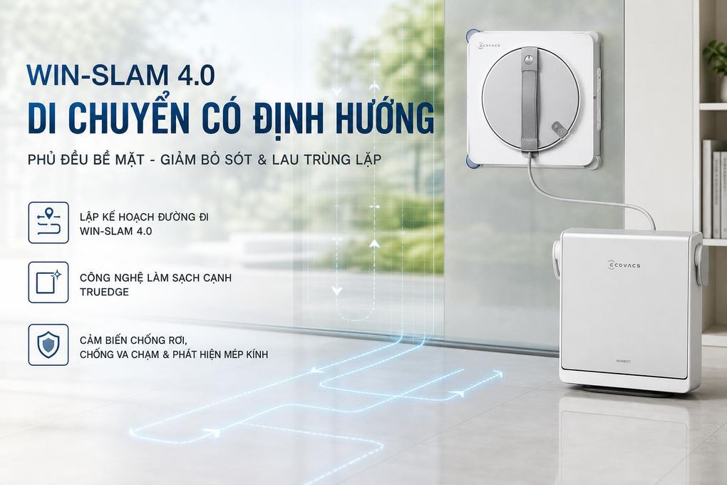 Robot lau kính Ecovacs W2S Omni - Lập trình đường đi WIN-SLAM 4.0 giúp robot di chuyển có định hướng, giảm bỏ sót và lau trùng lặp