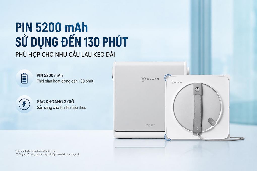 Robot lau kính Ecovacs W2S Omni - Pin dung lượng 5200 mAh cho thời gian sử dụng lên đến 130 phút, phù hợp với các phiên lau kéo dài