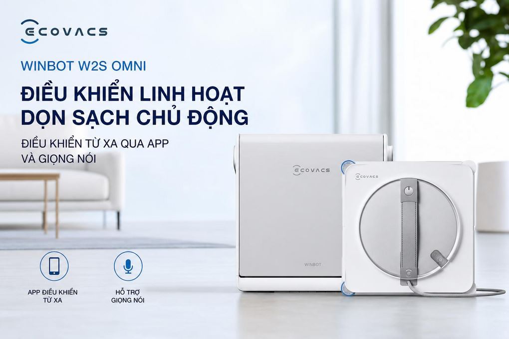 Robot lau kính Ecovacs W2S Omni - Điều khiển từ xa qua app và giọng nói giúp dễ dàng chọn chế độ và giám sát robot lau kính