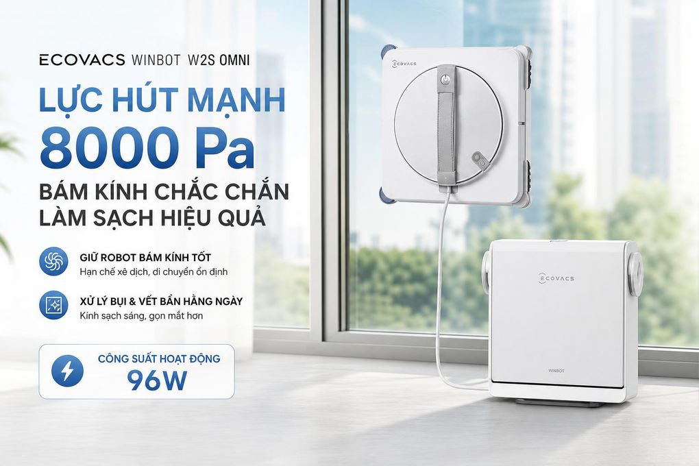 Robot lau kính Ecovacs W2S Omni - Lực hút mạnh 8000 Pa giữ robot bám kính tốt và làm sạch bụi, vết bẩn hàng ngày hiệu quả