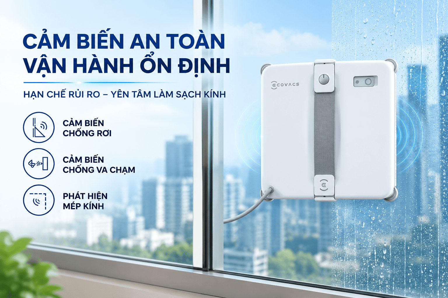 Robot lau kính Ecovacs Winbot Mini 2 - Cảm biến an toàn giúp vận hành ổn định và hạn chế rủi ro