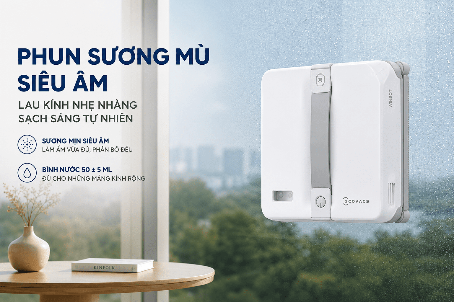 Robot lau kính Ecovacs Winbot Mini 2 - Công nghệ phun sương mù siêu âm hỗ trợ lau kính đều và nhẹ nhàng