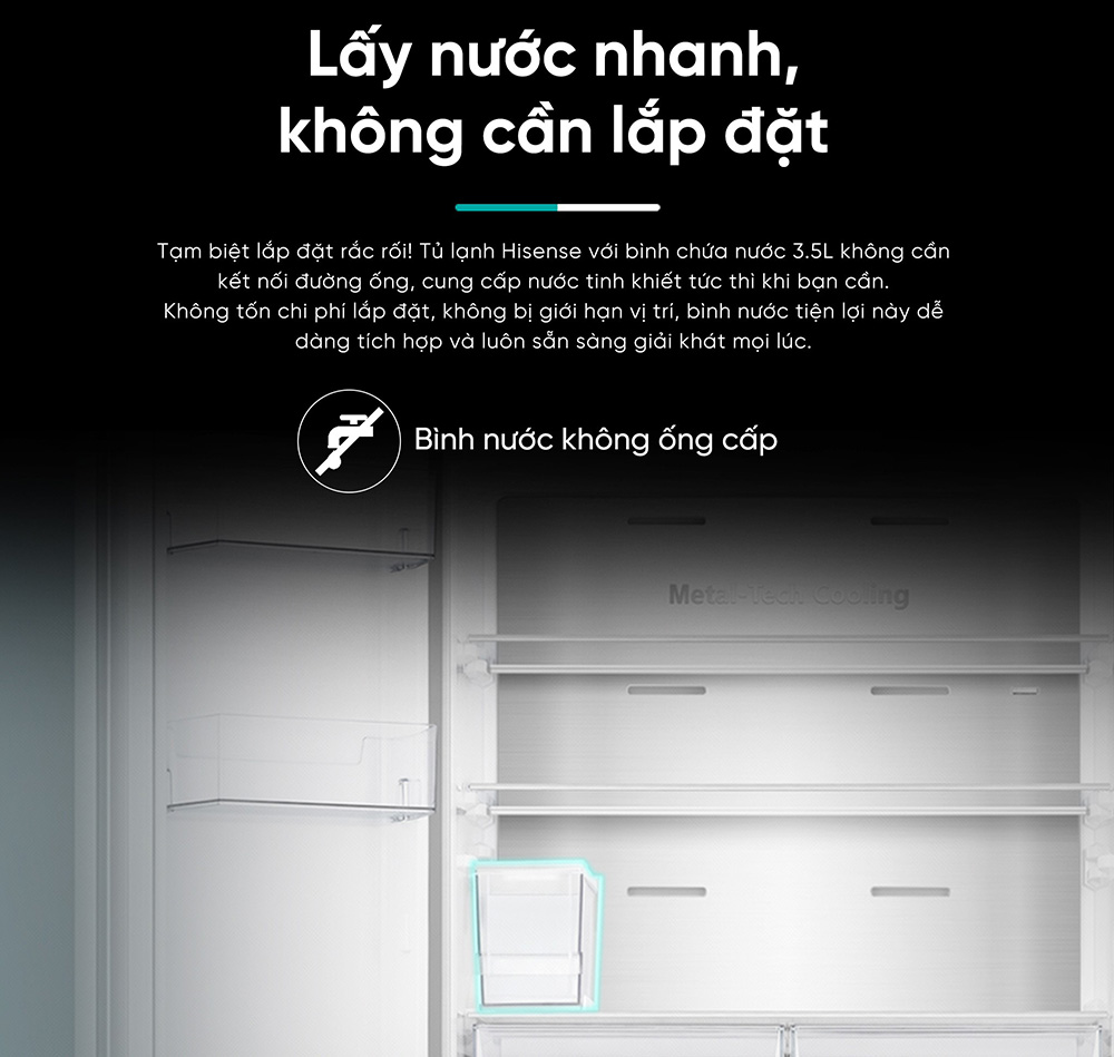 Tủ Lạnh Hisense 488 Lít RQ470P5GW thiết kế bình chứa 3.5 lít không ống cấp