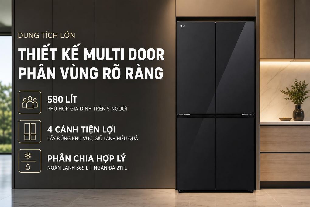Tủ lạnh LG Inverter 580 lít Multi Door F56BG - Dung tích lớn với thiết kế Multi Door phân vùng rõ ràng