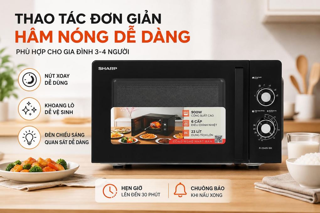 Lò vi sóng Sharp R-2348V-BK 23 lít - Bảng điều khiển nút xoay đơn giản và khoang lò dễ vệ sinh