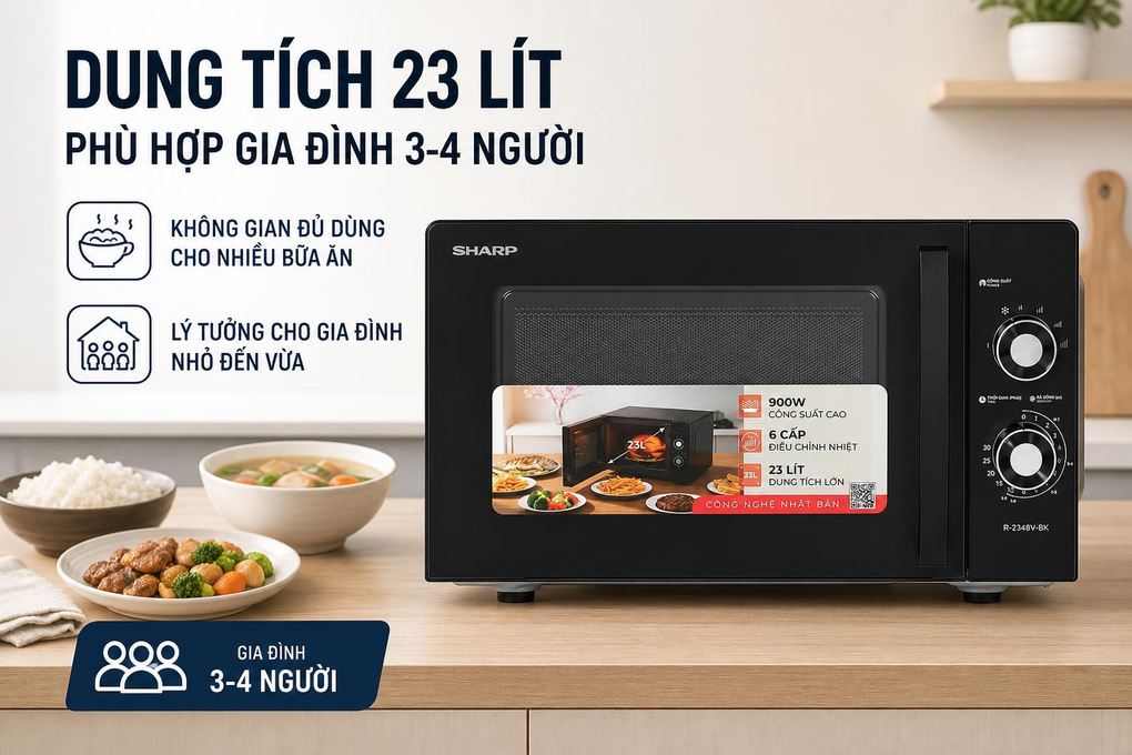 Lò vi sóng Sharp R-2348V-BK 23 lít - Dung tích 23 lít phù hợp nhu cầu gia đình nhỏ