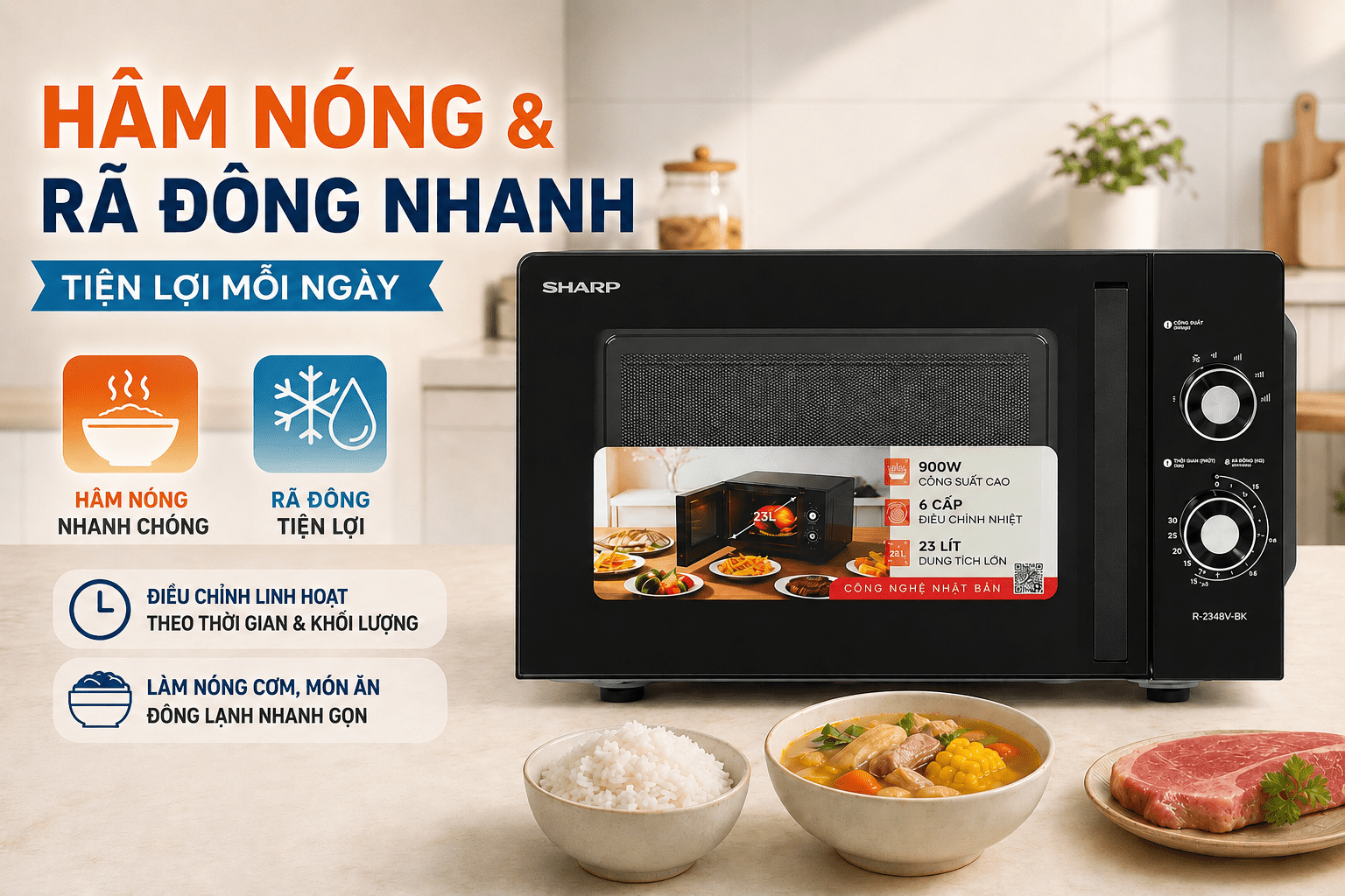 Lò vi sóng Sharp R-2348V-BK 23 lít - Hâm nóng và rã đông nhanh chóng, không tích hợp chức năng nướng