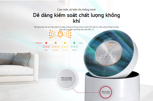  Máy lọc không khí LG PuriCare 1 tầng AS65GDWH0 có cảm biến thông minh, hiển thị chất lượng không khí thông qua 4 màu đèn