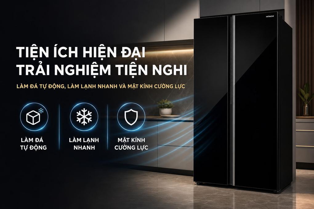 Tủ lạnh Hitachi Inverter 653 lít Side By Side HRSN9713ESAGBKVN - Tiện ích làm đá tự động, làm lạnh nhanh và mặt kính cường lực
