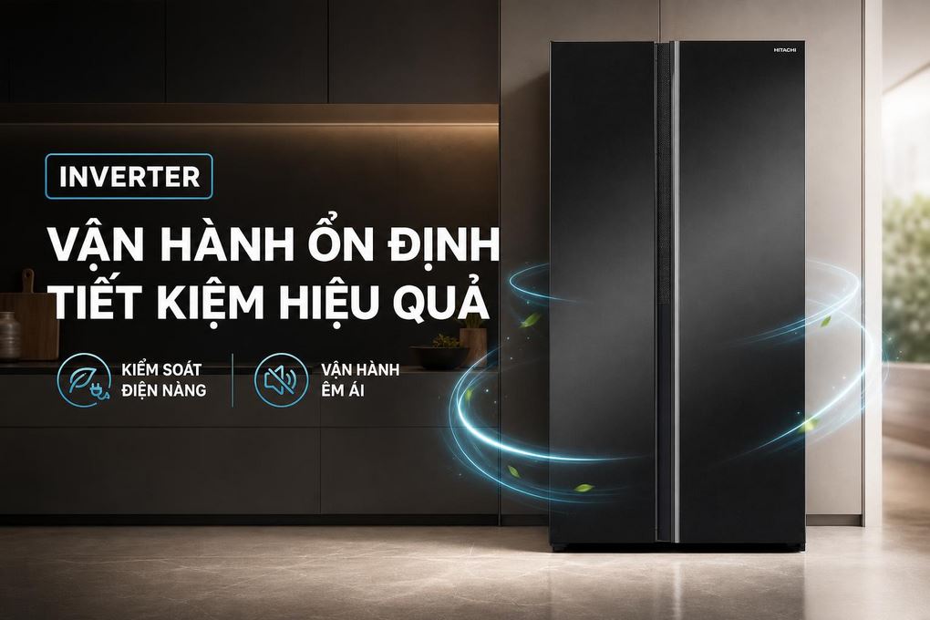 Tủ lạnh Hitachi Inverter 653 lít Side By Side HRSN9713ESAGBKVN - Công nghệ Inverter và mức tiêu thụ điện 609 kWh/năm