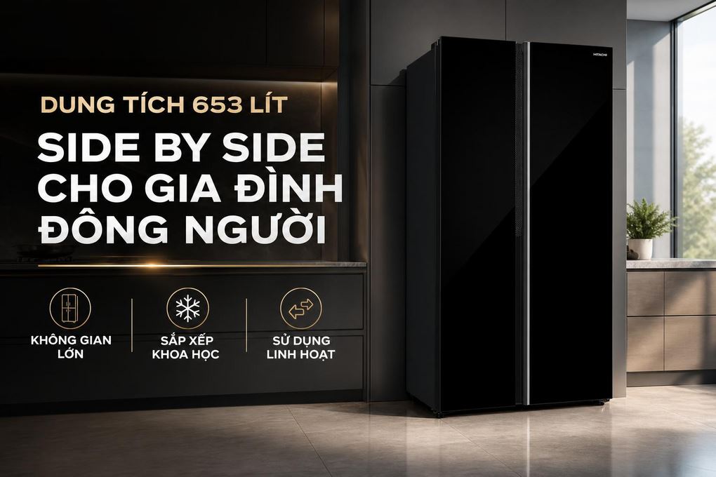 Tủ lạnh Hitachi Inverter 653 lít Side By Side HRSN9713ESAGBKVN - Dung tích 653 lít và kiểu Side By Side cho gia đình đông người